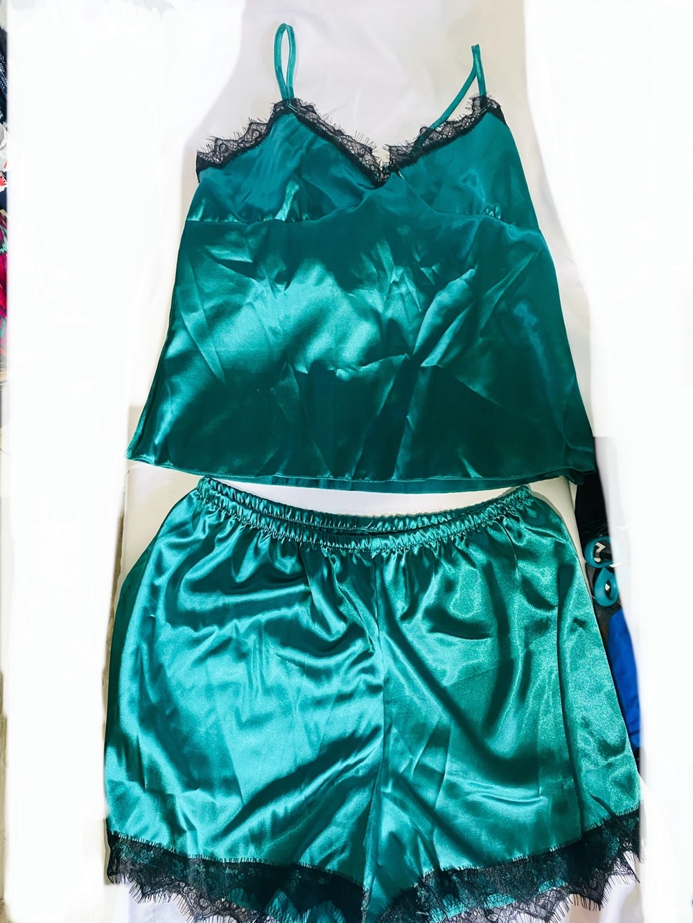 Silky Teal Lace-Trim Chemise & Short Set